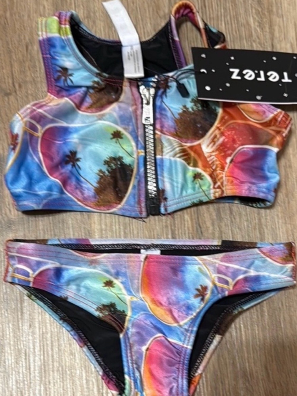 Terez Girls Bikini Swimsuit Size 2 NWT Sunglasses Palm Tree Print Zip Front